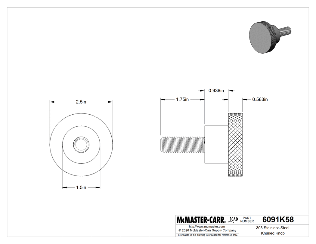 Technical Drawing of 303 Stainless Steel Knurled Knob, with 5/8"-11 Thread 1-3/4" Long Stud, 2-1/2" Head Diameter.